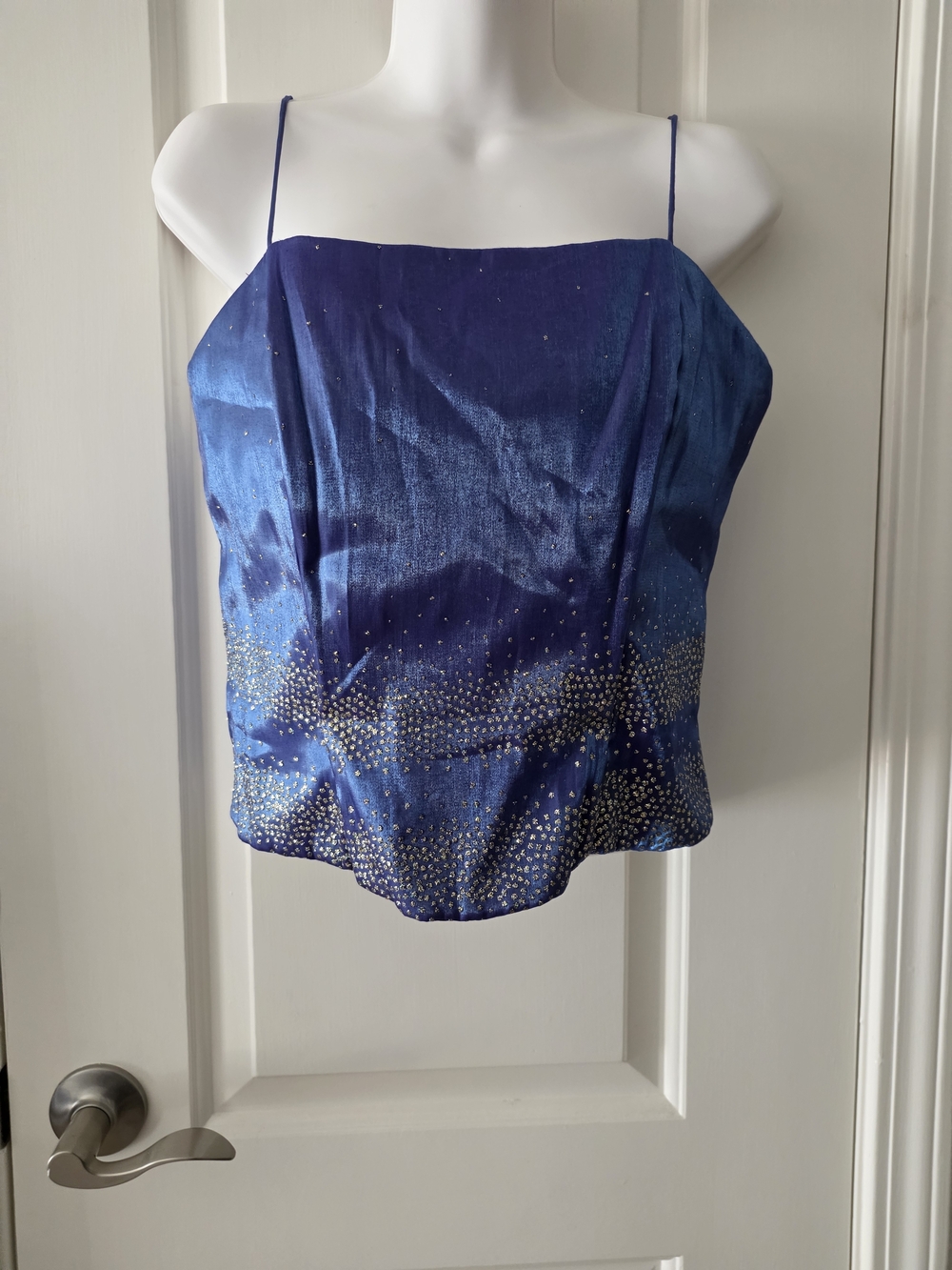 Let's Fashion Blue Corset-Style  Spaghetti Strap Satin Cami Top M.